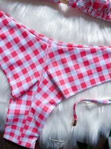 女士格子印花吊带前系带比基尼套装，夏季度假装 - 彩色 - 查看 5