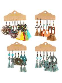 3套波希米亞風格流蘇耳環組合-時尚復古幾何形狀合金流蘇耳環,貝殼和綠松石裝飾 - 彩色 - 查看 12