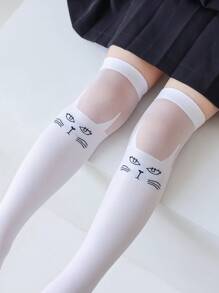 2對/組女童可愛的狐狸和貓圖案透明膝高襪,具有網狀和玻璃纖維細節,透氣性和親膚性適合日常穿著 - 白色 - 查看 4