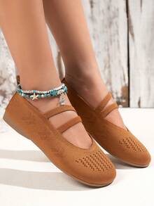 女士2024年春秋季款透氣時尚純色平底鞋 - 棕色 - 查看 2