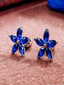 1 Đôi bông tai hình hoa đính đá Zirconia trong suốt dễ thương, thích hợp cho phụ nữ đeo trong đám cưới, trang sức cô dâu thời trang lấp lánh. - Xanh đậm - Xem 5