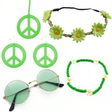 6 Stück Hippie Kostüm Accessoires Set, Boho Friedenszeichen Gänseblümchen 60er 70er Jahre Party Geschenke Dekorationen für groovige Party Halloween