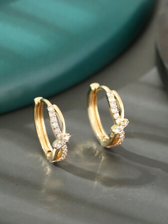 1pair Fashionable Copper & Zirconia Geometric Circle & Bowknot Design Ear Hook Earrings For Date Gift Valentines,Mom,Mother,Mother's Day,Gift