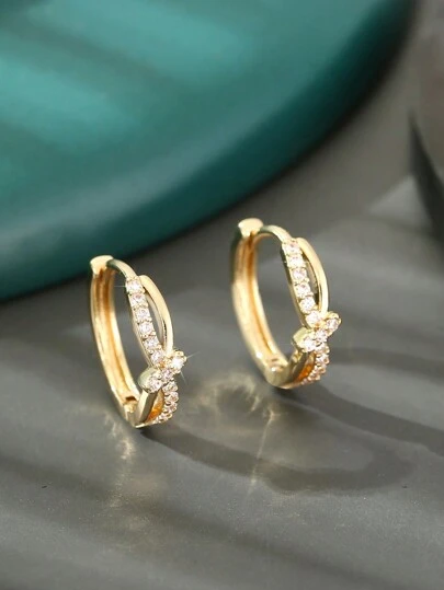 1pair Fashionable Copper & Zirconia Geometric Circle & Bowknot Design Ear Hook Earrings For Date Gift Valentines,Mom,Mother,Mother's Day,Gift