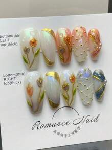 1對鍍金手繪鬱金香3D美甲貼，可拆式中長美甲貼，春天的指尖自由貼式美甲用品 - 彩色 - 查看 4