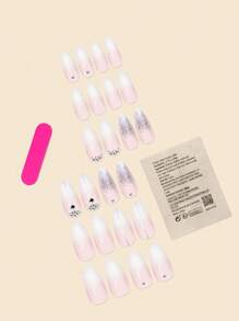 24入組白色漸變效果杏仁形假指甲，銀色珍珠粉末和水滴形鑽石裝飾 +指甲果凍和指甲磨光板，貼片式指甲，美甲用品 - 白色 - 查看 2