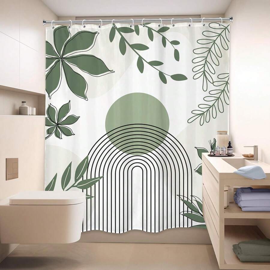 Sage Green Abstract Shower Curtain Inches Boho Mid Century Minimalist Geometric Leaves Arch Vintage Modern Cloth Fabric Waterproof Polyester Bathroom Home Decor Set With Hooks Home Bathroom Decor Fall Decor Bathroom Accessories Back To School - Green - View 1
