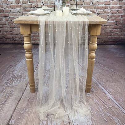 香槟色仿珍珠桌布，优雅涤纶桌旗，饰以仿珍珠，加长透明桌旗，适合婚礼、圣诞节及其他场合