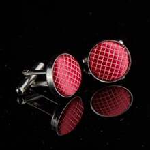Men's Metal Square Round Cufflinks, Solid Color & Textile Button Detail - Cufflinks - View 8