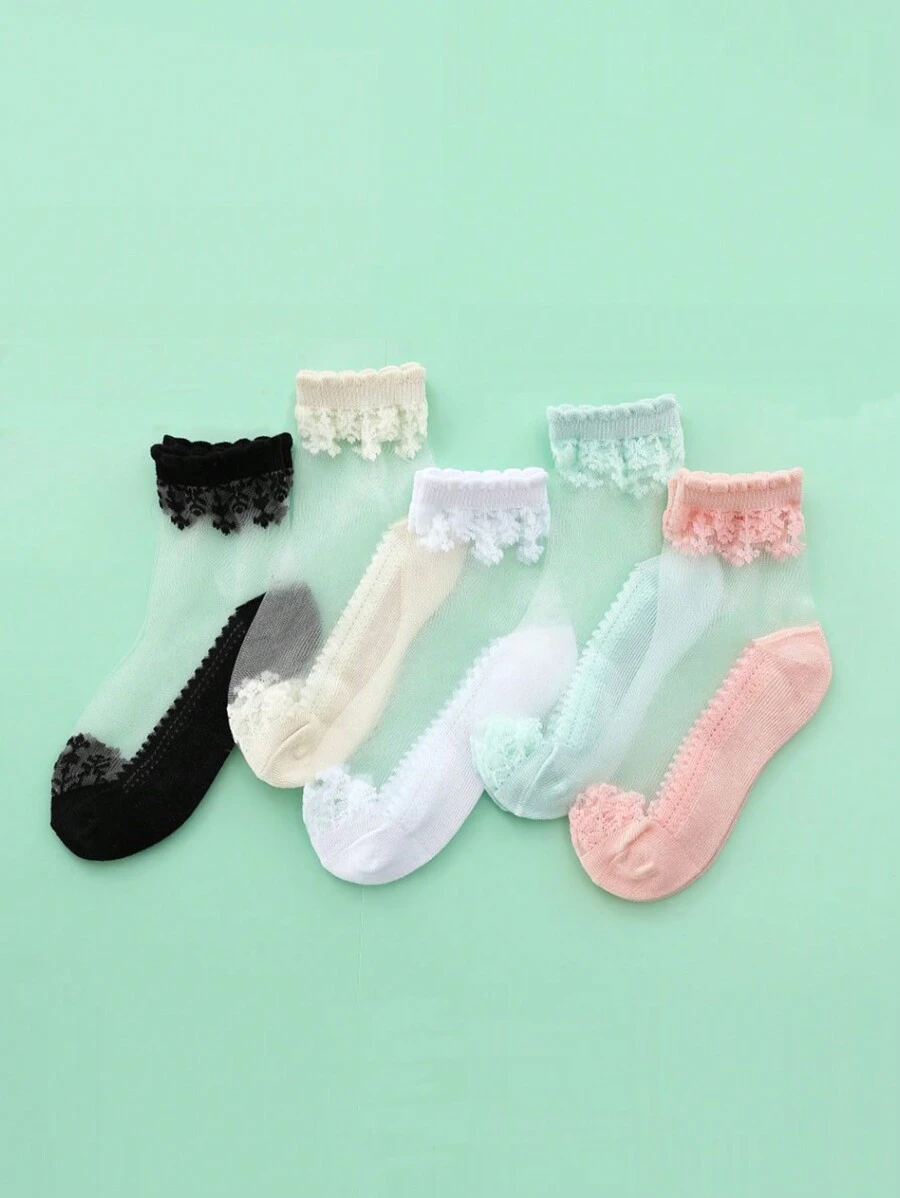 5pairs/Pack Simple Style Silky Lace Edge Children's Socks - Multicolor - View 1