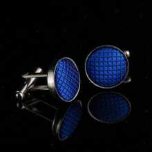 Men's Metal Square Round Cufflinks, Solid Color & Textile Button Detail - Cufflinks - View 10