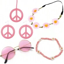 6 Stück Hippie Kostüm Accessoires Set, Boho Friedenszeichen Gänseblümchen 60er 70er Jahre Party Geschenke Dekorationen für groovige Party Halloween