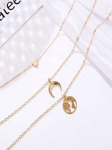 多層月球地圖和心形吊墜項鍊,時尚極簡合金鏈,適用於女性 - 金色 - 查看 3