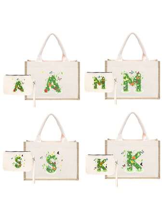 2入組新款花卉、蝴蝶、字母印花手提袋,輕巧防水,包括大號和小號。大容量手提袋配有迷你化妝袋,內層材料防水。大袋子可以裝水瓶、禮物、手機、充電器等物品。小袋子可以裝耳機、口紅、等東西。適合婚禮、生日、海灘和假期,是女性、母親、老師、朋友、伴娘和學生的最佳禮物。