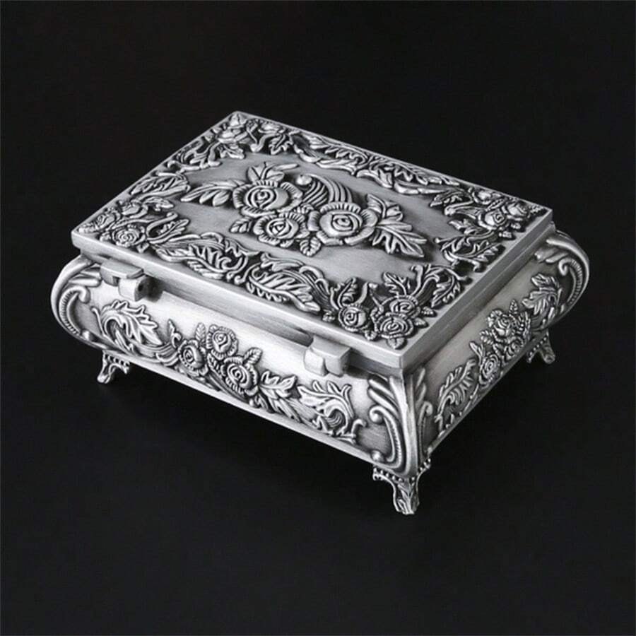 1pc Jewelry Box, Rings & Earrings & Accessories Storage Holder, European Retro Palace-Style Decorative Item Back To School - Antique Pewter - View 1