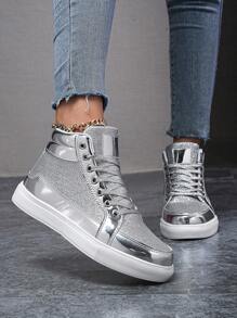 (Size Runs Small) Metal Sequin Casual Performance High Top Sneakers, Fashion Front Lace Up Personalized Dance Shoes, Comfortable Couple Sports Shoes - Silver - View 9