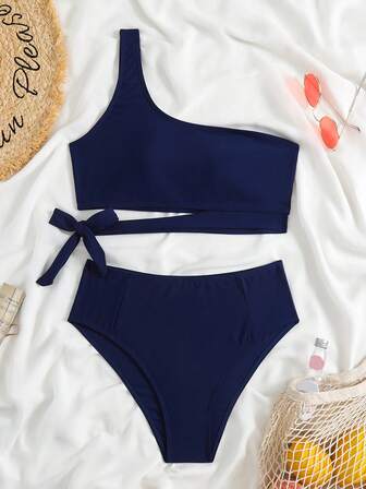 Summer Beach Bikini Set One Shoulder High Waist Solid Color Bikini Set Two Pieces Set