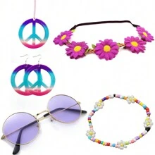 6 Stück Hippie Kostüm Accessoires Set, Boho Friedenszeichen Gänseblümchen 60er 70er Jahre Party Geschenke Dekorationen für groovige Party Halloween