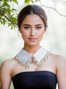 1pc Women's Fashionable Faux Pearl Tassel Collar Shirt, Suitable For Party Wear - Black - View 4