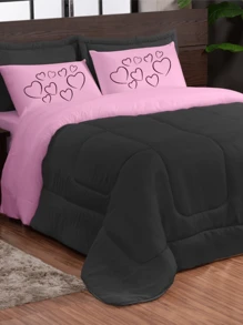 Kit Edredom Dupla Face Estampado Coração 03 Peças Casal
