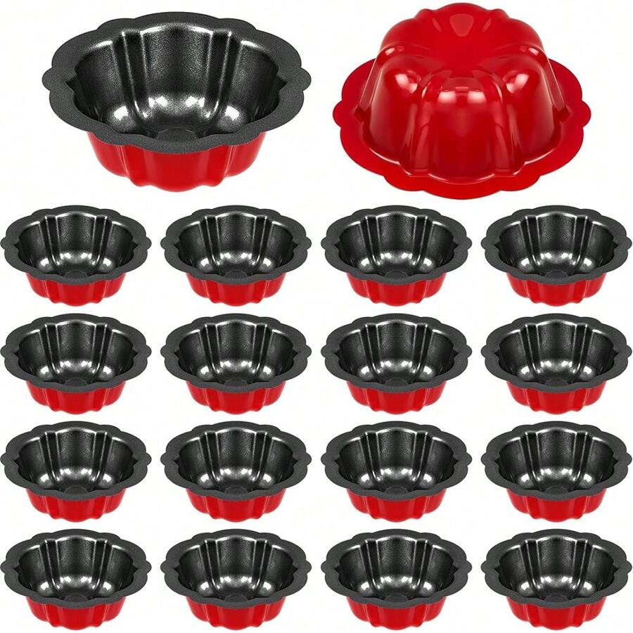16pcs 4-Inch (Approx. 10.2cm) Non-Stick Groove Mini Cake Pan With Carbon Steel Metal Tube Baking Mold And Flower-Shaped Cake (Red) - Red - View 1