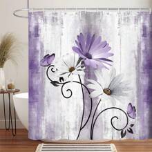 Rustic Farmhouse Shower Curtain, Farm Purple Daisy Floral Flowers And Butterfly On Country Wooden Shower Curtain For Bathroom, Violet Grey Bathroom Shower Curtains With 12PCS Hooks - Purple - View 1