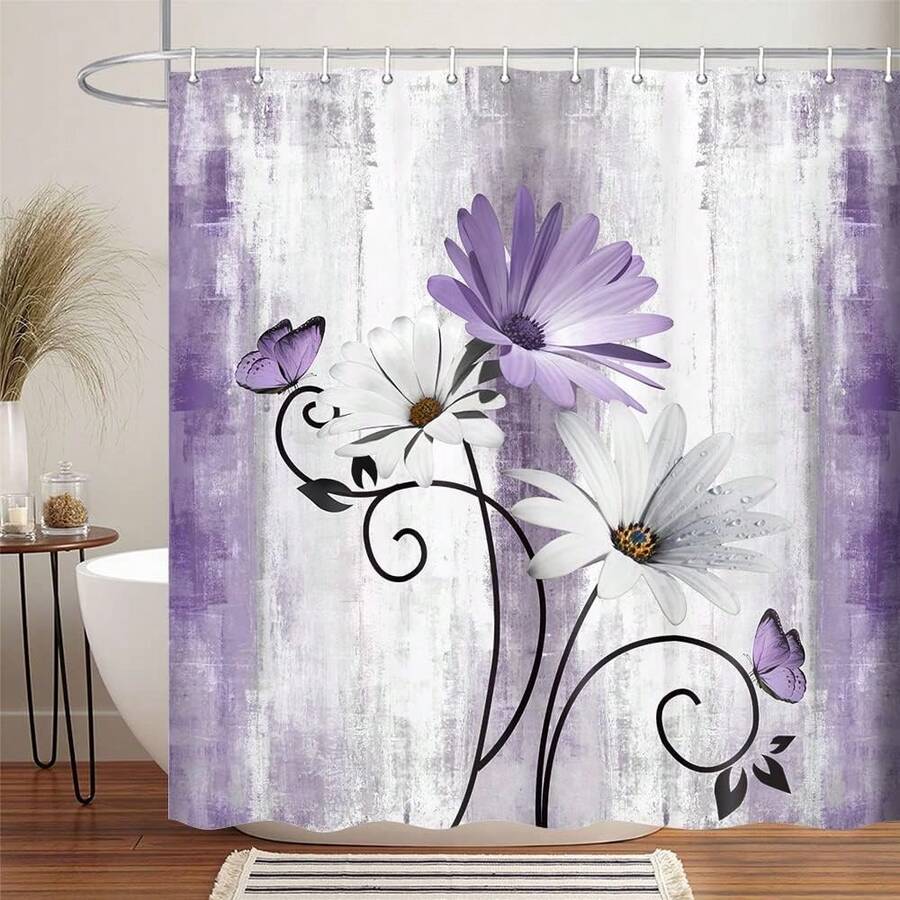 Rustic Farmhouse Shower Curtain, Farm Purple Daisy Floral Flowers And Butterfly On Country Wooden Shower Curtain For Bathroom, Violet Grey Bathroom Shower Curtains With 12PCS Hooks - Purple - View 1