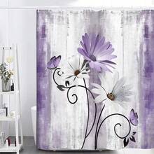 Rustic Farmhouse Shower Curtain, Farm Purple Daisy Floral Flowers And Butterfly On Country Wooden Shower Curtain For Bathroom, Violet Grey Bathroom Shower Curtains With 12PCS Hooks - Purple - View 3