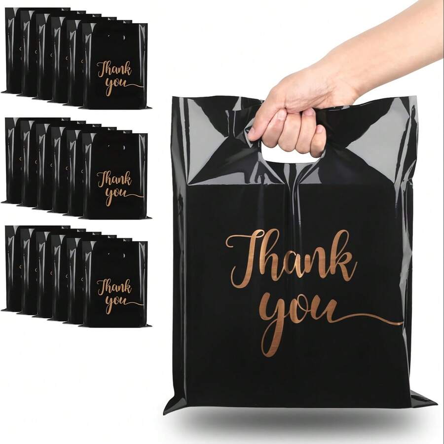 20pcs Thank You Retail Plastic Shopping Bag, 12 X 15 Inch Reusable Black Thank You Bag With Handle For Small Businesses, Perfect For Boutiques, Gifts - Black - View 1