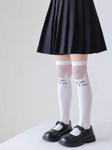 2對/組女童可愛的狐狸和貓圖案透明膝高襪,具有網狀和玻璃纖維細節,透氣性和親膚性適合日常穿著 - 白色 - 查看 6