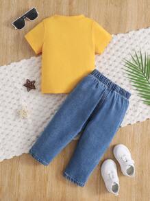 2 peças/Conjunto Roupa Casual Simples e Fofa para Bebê Menino Recém-Nascido, Camiseta de Manga Curta com Gola Redonda na Cor Sólida Amarela Combinada com Calça Denim Desgastada, Adequado para 0-3 Anos, Uso Externo, Férias, Reuniões Sociais, Festas, Primavera/Verão/Outono - Multicolorido - Visão 4