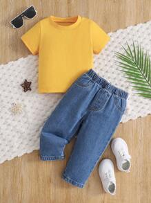 2 peças/Conjunto Roupa Casual Simples e Fofa para Bebê Menino Recém-Nascido, Camiseta de Manga Curta com Gola Redonda na Cor Sólida Amarela Combinada com Calça Denim Desgastada, Adequado para 0-3 Anos, Uso Externo, Férias, Reuniões Sociais, Festas, Primavera/Verão/Outono - Multicolorido - Visão 3