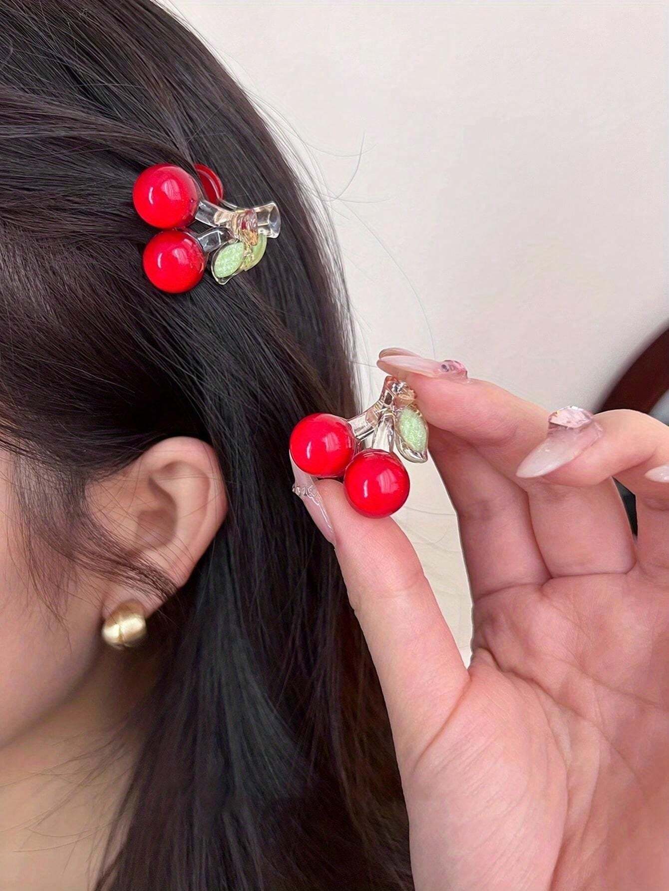 2pcs/Set Women's Acrylic 3d Pearl Cherry Hair Claw Clip, Sweet And Cute