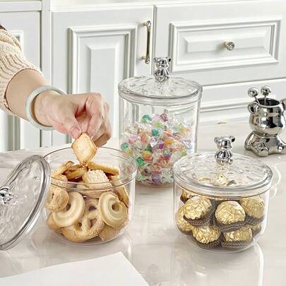 1pc Airtight PET Transparent Snack Storage Canister With Bear Lid, Dry Food, Tea, Candy, Nuts Round Organizer Jar, Coffee Bean Storage Box, Luxury Home Kitchen Bedroom Acrylic Cleaning Swab, Toothpick Holder