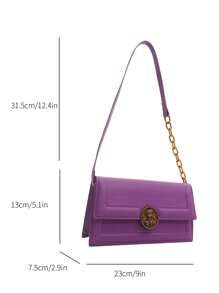 Fashionable Solid Color Vintage Metal Lock Design Shoulder Bag With Simple Flap For Women - Purple - View 4