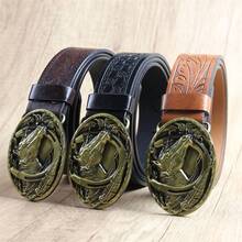 圓馬蹄鐵西部風格皮帶扣,格子和公牛頭紋皮帶,花卉和3d紋身紋路印花皮帶,黑色/棕色經典紋路皮帶配有時尚的花卉/光滑的扣和打孔 - 多款 - 查看 1