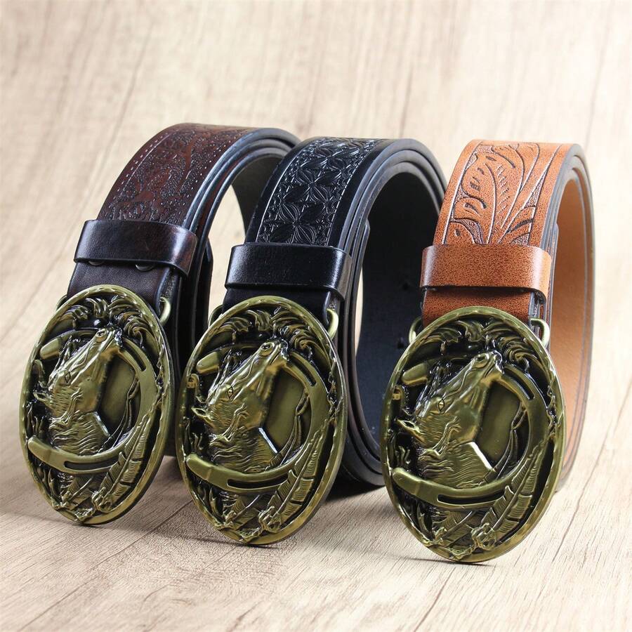 圓馬蹄鐵西部風格皮帶扣,格子和公牛頭紋皮帶,花卉和3d紋身紋路印花皮帶,黑色/棕色經典紋路皮帶配有時尚的花卉/光滑的扣和打孔 - 多款 - 查看 1