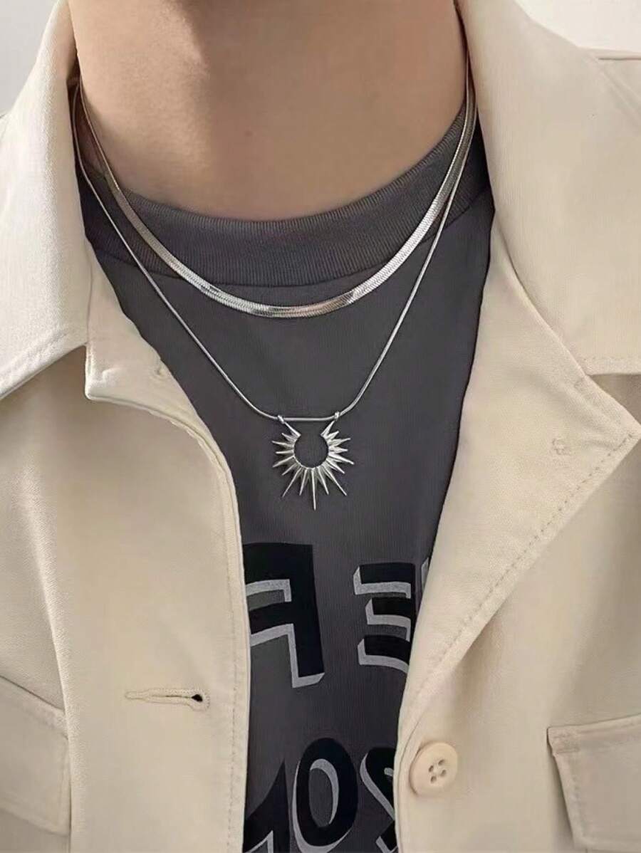 加厚雙層不褪色不鏽鋼太陽吊墜項鍊,男女皆宜蛇骨鏈,小眾設計 - 白色 - 查看 1