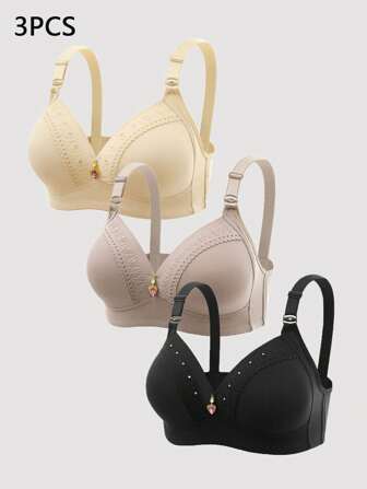 3pcs Set Contrast Lace Adjustable Wirefree Comfortable Bra With Pendant Decoration And Side Push-Up Function, Lingerie