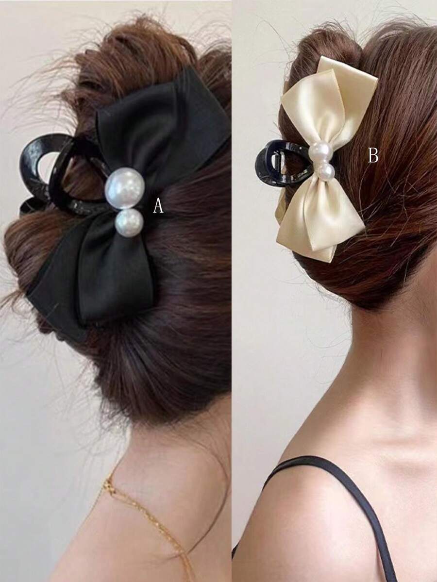 1 Kẹp tóc trang trí ngọc trai đơn giản và thanh lịch dành cho nữ có nơ và kẹp, thích hợp sử dụng hàng ngày trong tiệc tùng và tạo kiểu tóc - Nhiều màu - Xem 1