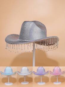1pc Women's Fancy Rhinestone Fringe Cowboy Hat With Adjustable Cow Print Design, Suitable For Outdoor Parties, Music Festivals - A - View 10