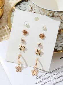 5 Pairs/Set Fashionable Elegant Replaceable Colorful Rhinestones, Butterfly Rings, Leaf Earrings Set Alloy Jewelry Accessories Daily Wear Festive Exquisite Anniversary Gift