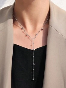 1pc Simple & Elegant Tassel Pendant Necklace With Bead Decoration, Suitable For Women's Daily Wear - Yellow Gold - View 3