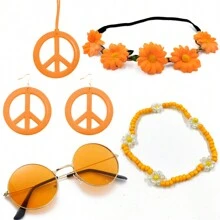 6 Stück Hippie Kostüm Accessoires Set, Boho Friedenszeichen Gänseblümchen 60er 70er Jahre Party Geschenke Dekorationen für groovige Party Halloween