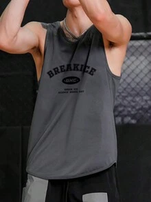 男士1入組復古字母印花籃球背心，夏季運動坦克頂 - 灰色 - 查看 4