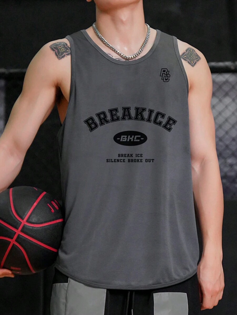 男士1入組復古字母印花籃球背心，夏季運動坦克頂 - 灰色 - 查看 1