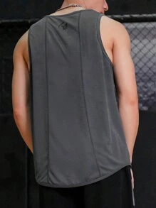 男士1入組復古字母印花籃球背心，夏季運動坦克頂 - 灰色 - 查看 8