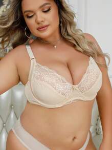 大尺碼純色蕾絲拼接舒適內衣 - 杏色 - 查看 6