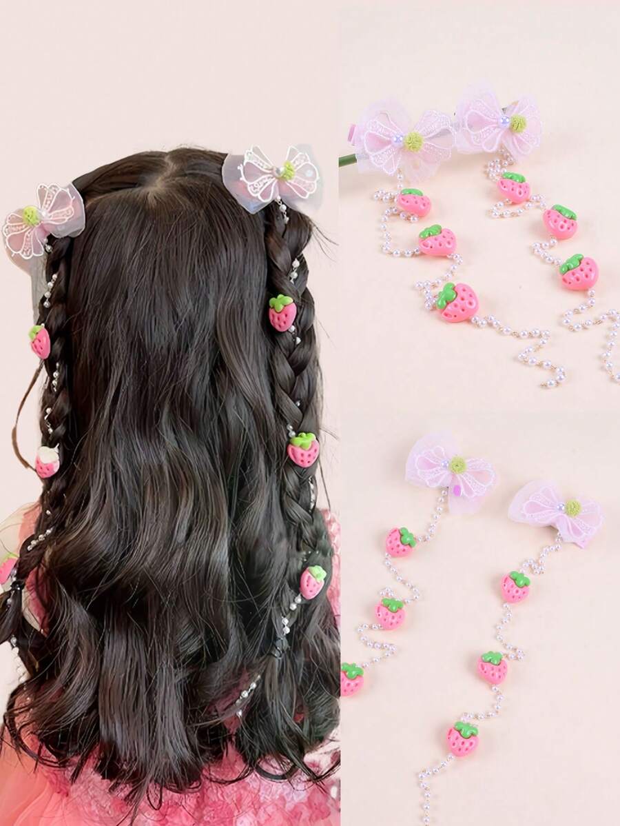 2pcs Children's Floral Braided Hair Clips With Pearl & Tassel Decor Hair Accessories For Baby Girls And Little Girls