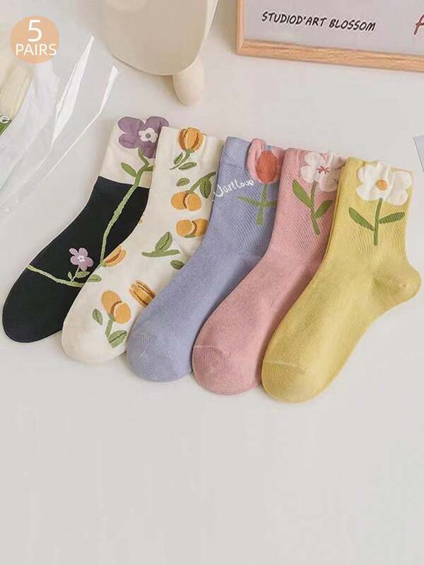 5 pares meias de tripulação Estampa floral